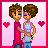 Pixel art of two characters embracing with hearts, text "I love my boy!" in showing animation changes