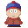 Pixel art character in brown jacket and blue hat with red trim, showing multiple facial expressions including closed eyes, wide eyes, open mouth, and mustache.