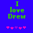 Green pixelated text "I love Drew" on blue background with pink and purple heart symbols below, two variations of the hearts' arrangement.