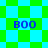 Green and cyan checkered background with four instances of blue text reading "BOO" in different positions across the image.