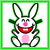 Pixelated bunny with pink nose and belly, red mouth, green ears, white body, smiling widely in a static image.