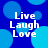 Blue background with light blue circles and white text reading "Live Laugh Love" in four quadrants.