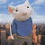 A pixelated contact sheet showing two frames of an animated icon featuring a cartoon mouse character in blue clothing against a cityscape background, with green text reading "Original Icons .com" on the right side.