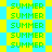 Green pixelated text 'SUMMER' repeated across a blue and yellow checkered background with scattered diamond shapes.