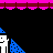 Pixelated character with white face and purple body holds pink balloon, standing on -patterned background under blue triangular shapes
