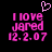 Pixelated pink text on black background reads 'I love Jared 12.2.07' with a small heart symbol above the text, displayed in two identical side-by-side