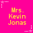 Bright pink background with yellow text reading "Mrs. Kevin Jonas" repeated six times in a , surrounded by white and pink star-shaped pixel decorations