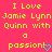 Yellow pixelated text on a solid pink background reads "I Love Jamie Lynn Quinn with a passion" with a cyan heart symbol replacing the 'o' in 'passion'.