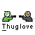 Two pixelated figures in green and gray clothing hold black objects resembling guns, facing each other above the text 'Thuglove' on a gray background.