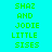 A static image displays a of text elements with alternating cyan and magenta backgrounds, featuring green pixelated text reading SHAZ AND JODIE LITTLE SISES