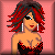 Pixel art icon of a woman with red and black hair wearing a low-cut dress, white earrings, and red lipstick against a pink background.