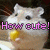 Pixelated image of a light-colored hamster with dark eyes and pink nose holding a yellow object, overlaid with pink text reading 'How cute!' on the left side.
