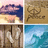 Pixelated static image showing four distinct scenes: a sunset sky with purple and pink clouds over yellow sand, a brown textured background with dark curved lines, a wooden structure with white fabric draped over it, and blue water with light reflections.