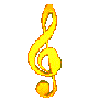 Animated sequence of golden treble clefs and exclamation marks on gray background, transitioning between upright and rotated orientations.