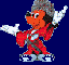 Pixelated cartoon character in red outfit with gray fur hat and white gloves, performing sequential hand gestures against solid blue background.