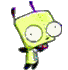 A green cartoon character with large white eyes and antennae appears in multiple poses across a , showing front, side, back, and angled views