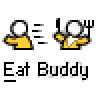 Pixelated animated contact sheet showing two variations of a yellow stick figure eating, with red and black text branding above the figures on a gray background.
