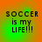 Four identical display 'SOCCER is my LIFE!!!' text on a green-to-orange gradient background with pixelated font