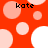 Red background with pink and white circles; four instances of the text 'kate' in black pixelated font appear across the image.