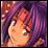 Pixelated anime-style character with closed eyes, purple hair, and warm-toned skin against a purple and pink gradient background.
