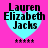 Four identical pixelated icons display 'Lauren Elizabeth Jacks' text over a cyan heart on pink background with five stars below.