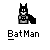 Pixelated Batman icon with three variations of cape shape, each labeled "BatMan" below in pixelated text.