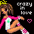 Pixel art contact sheet of two animated frames showing a cartoon girl with brown hair, pink sleeves, and white sneakers sitting in different poses against black background with "crazy in love" text and heart symbols.