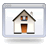 Pixelated house icon with brown roof, white walls, orange door, and small chimney inside a light gray frame.