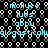 Static pixel art with repeating text elements on a black background featuring white and gray circular patterns.