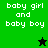 Green and black pixelated image with text 'baby girl and baby boy' on two backgrounds, featuring a black star in the top-right corner of green section and a green star in bottom-left corner of black section.