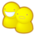 Two yellow pixelated figures with rounded shapes, one smiling widely and the other with a small mouth, against a gray background.