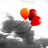 A grayscale figure holds three balloons (orange, dark red, bright red) above a cloud-like shape, with blue pixelated text reading 'save a balloon....' and 'pop a collar!' on white background.