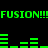 Green pixelated text and bar graphs on black background, repeating 'FUSION!!!FUSION!!!' with animated bar graph changes.