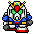 Pixel art character with red mouth, green bow tie, yellow head spikes, blue shoulder pads, and gray armor on a gray background.