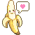 Pixelated banana character with smiling face and pink cheeks, holding a speech bubble containing a solid pink heart on gray background.
