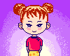 Pixelated cartoon character with twin buns, red top, yellow pants, and heart props against purple background.
