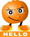 Orange spherical character with black limbs, white eyes with black pupils, and orange spots; left image shows smiling face with 'HELLO' text, right image shows frowning face.