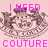 Pixelated image with pink text 'I NEED' above and 'COUTURE' below a central brown and white abstract shape on a light pink background.