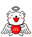 Pixel art contact sheet of two animated frames showing a white angelic dog mascot with wings, halo, red cheeks, and heart-shaped chest emblem on gray background.