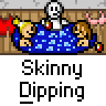 Animated contact sheet of a cartoon-style buddy icon showing multiple frames of a stick figure and two children in a blue pool with pink flowers, labeled "Skinny Dipping" below each frame.