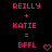 Pixelated pink text on black background shows 'REILLY + KATIE = BFFL' with a heart symbol to the right of 'BFFL'.