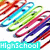 Colorful paper clips in red, blue, green, pink, purple arranged diagonally with 'HighSchool' text overlays on white background.