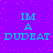 Pixelated text on purple background with pink speckles, displaying "IM A DUDEAT" in cyan letters across two