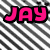 Pixelated pink text and emoticon on diagonal striped background with gray section.