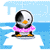 Pixelated penguin with black-and-white body, orange beak and feet, wearing pink polka-dot floatation ring, standing on ice floe in blue water background.