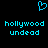 Pixelated blue heart symbol above two identical text blocks reading 'hollywood undead' on black background.