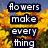 Yellow flowers with green foliage under a blue sky, featuring text and symbols on dark rectangular backgrounds.