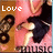 Pixelated image of a person in pink top and black pants with text changing from 'Love' to 'My' over brown background.