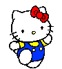White cat with red bow, blue overalls, yellow shirt; multiple poses showing walking motion against gray background.