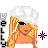 Pixel art contact sheet of a blonde cartoon character with chef's hat, sunglasses, and pink starbursts across five frames showing slight pose variations.